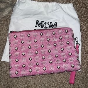 Large Pink MCM Pouch with wrist strap